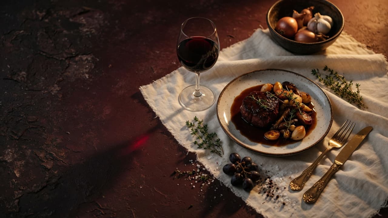 An overhead rustic table set with a glass of wine and a plated dish on cream linen