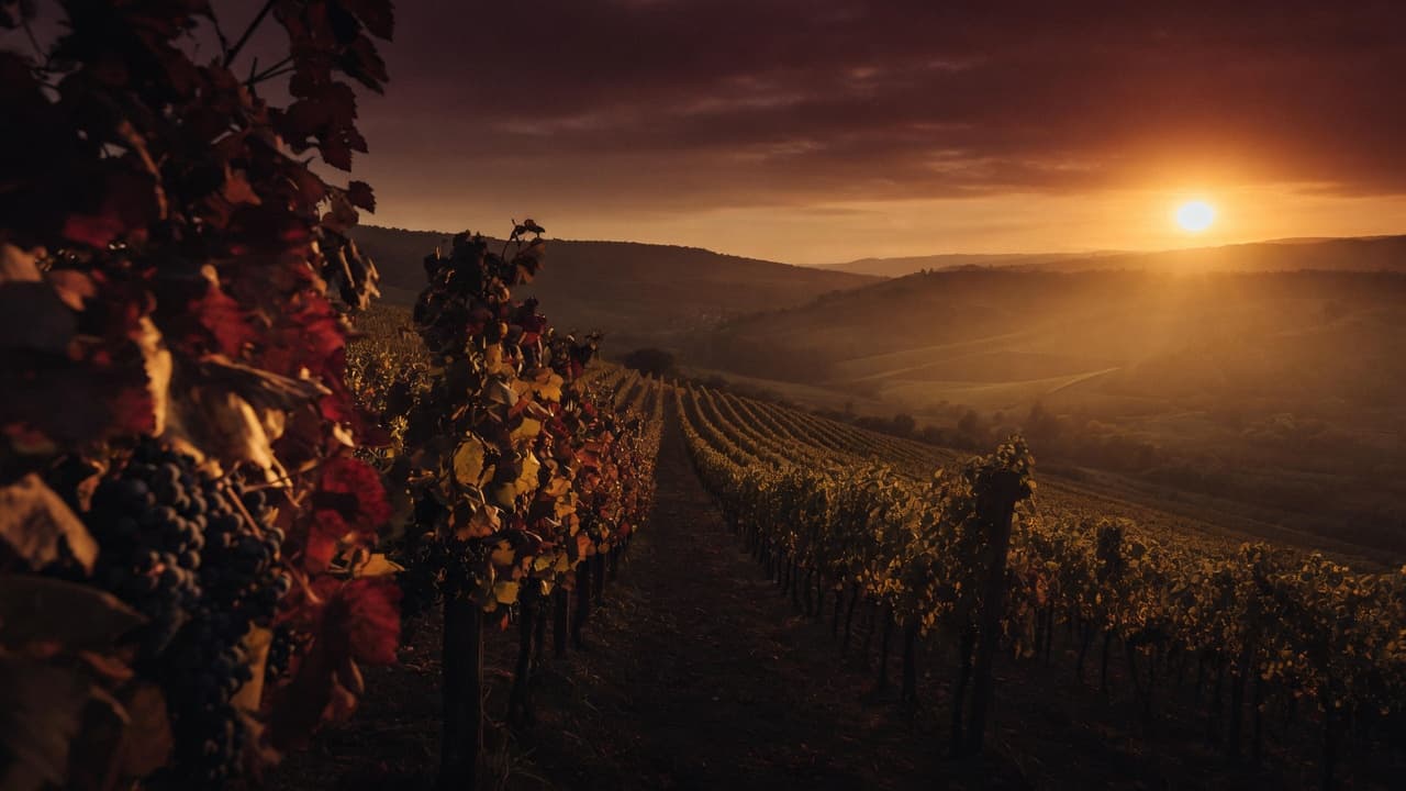 Rows of grape vines across a French valley at sunset, golden light over the hills