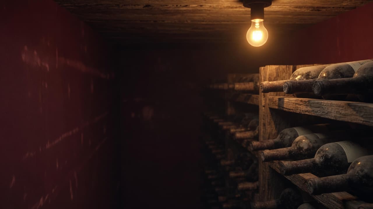 Bottles racked in a dim cellar, receding into shadow under a warm bulb