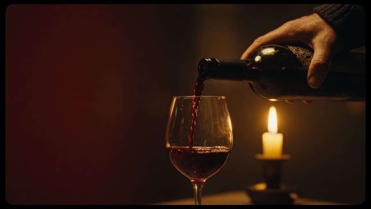 A hand pouring red wine into a glass by candlelight, gold rim-light against a dark backdrop